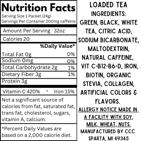 Loaded Tea – Single Packet | 32oz Caffeinated Flavored Hydration Powder Beverage Mix | Made in USA | Easy to Mix