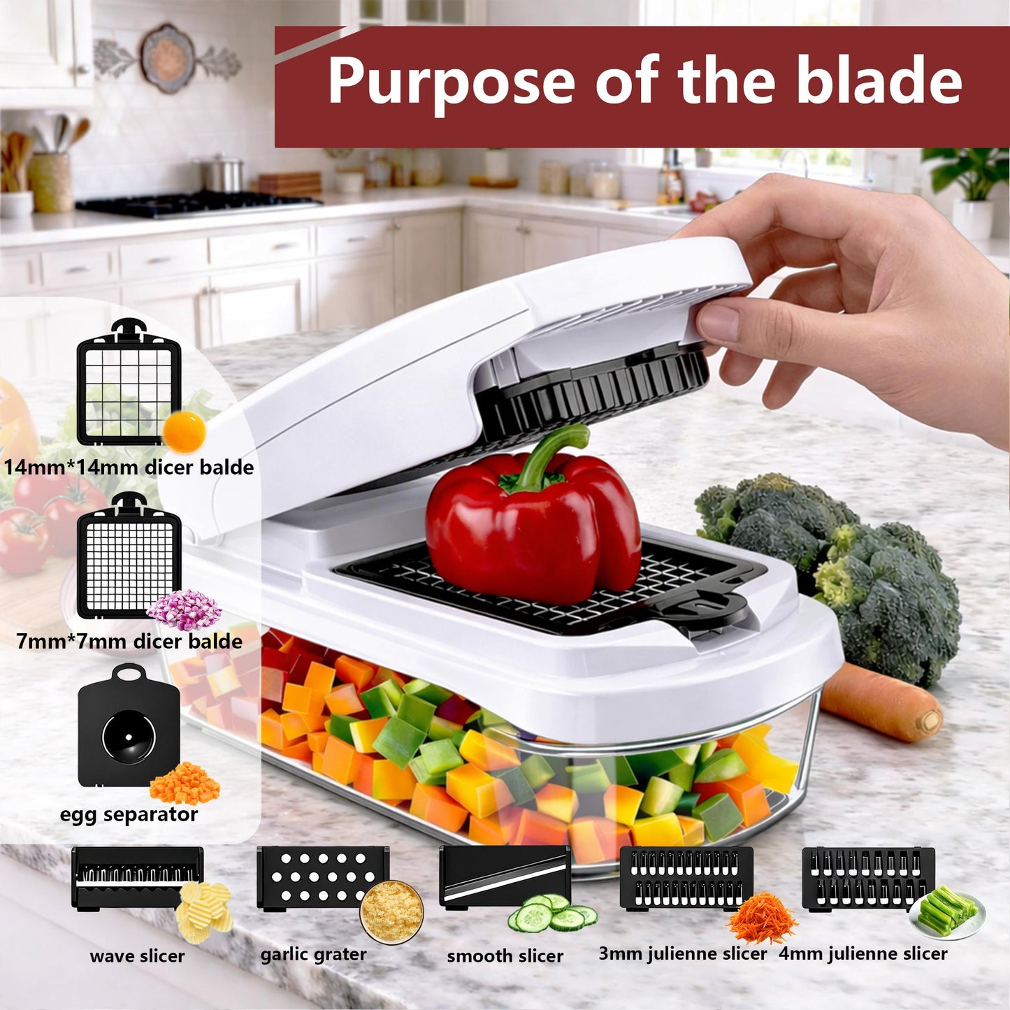 Vegetable Chopper,15-in-1 Multifunctional Food Chopper,Professional Onion Chopper with 8 Blades,Vegetable Cutter with Container for Salad,Potato,Carrot,and Garlic; Essential Kitchen Tool-A01