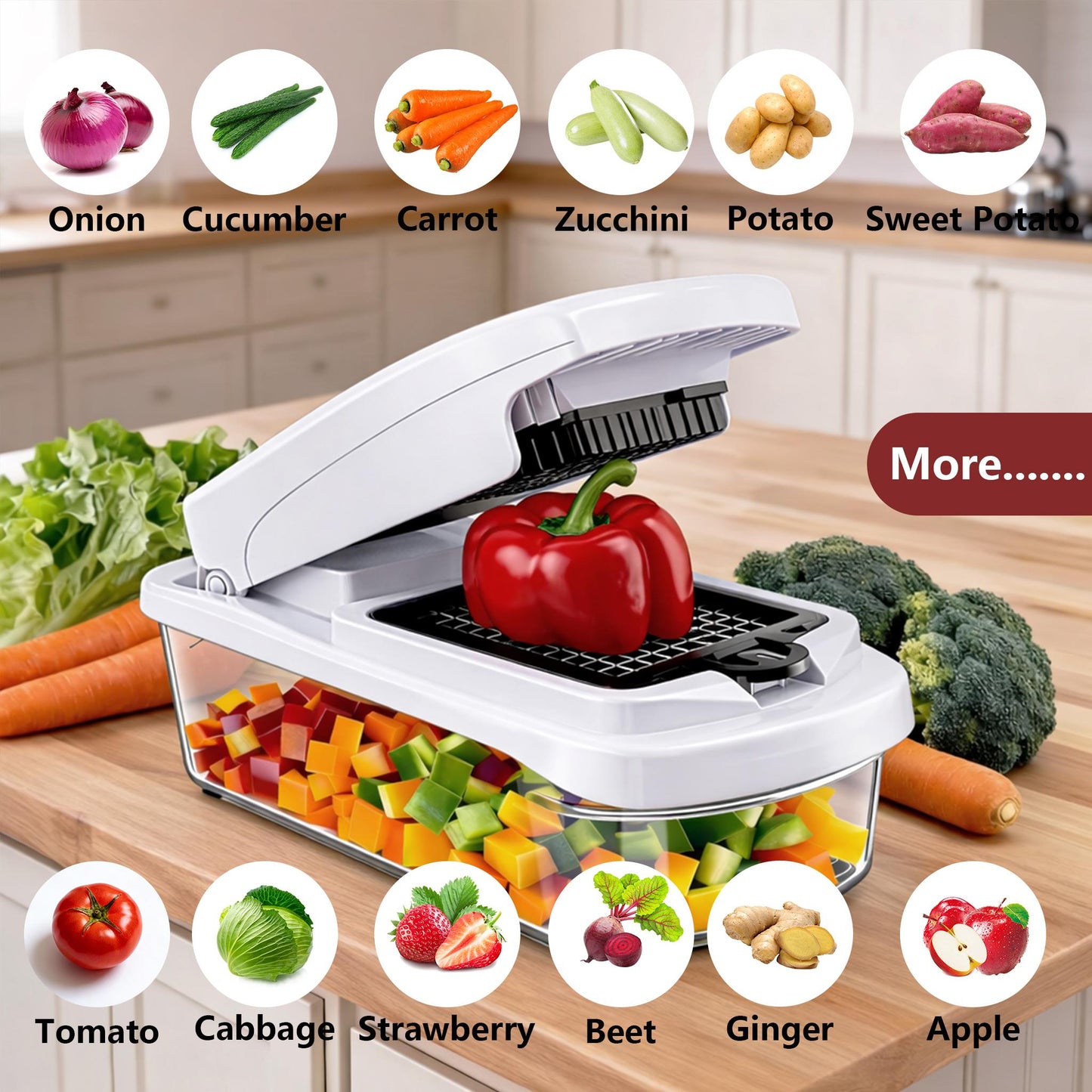 Vegetable Chopper,15-in-1 Multifunctional Food Chopper,Professional Onion Chopper with 8 Blades,Vegetable Cutter with Container for Salad,Potato,Carrot,and Garlic; Essential Kitchen Tool-A01