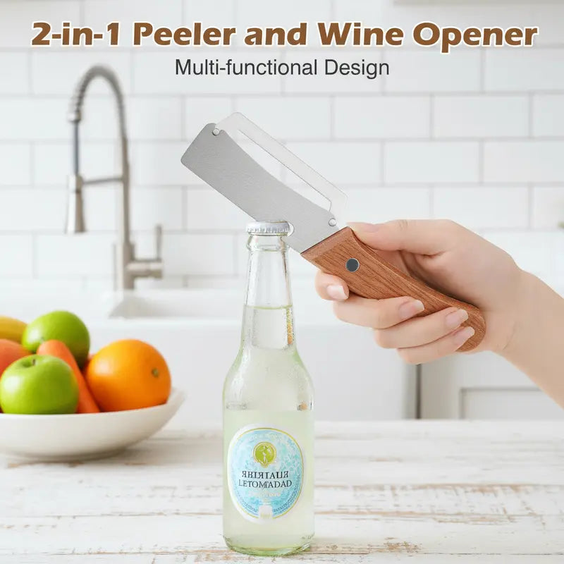 ⚡Flash-Sale⚡100k-sold⚡2PCS 2-in-1 Fruit & Veggie Peeler with Bottle   Opener Sharp Stainless Steel Wooden Handle   Ergonomic Non-slip Design for Comfortable Grip-A11