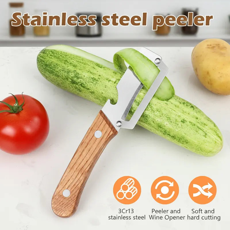 ⚡Flash-Sale⚡100k-sold⚡2PCS 2-in-1 Fruit & Veggie Peeler with Bottle   Opener Sharp Stainless Steel Wooden Handle   Ergonomic Non-slip Design for Comfortable Grip-A11