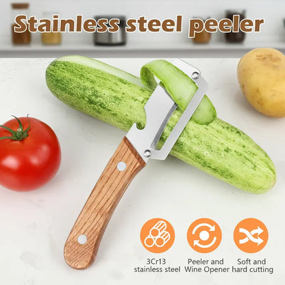 ⚡Flash-Sale⚡100k-sold⚡2PCS 2-in-1 Fruit & Veggie Peeler with Bottle   Opener Sharp Stainless Steel Wooden Handle   Ergonomic Non-slip Design for Comfortable Grip-A11