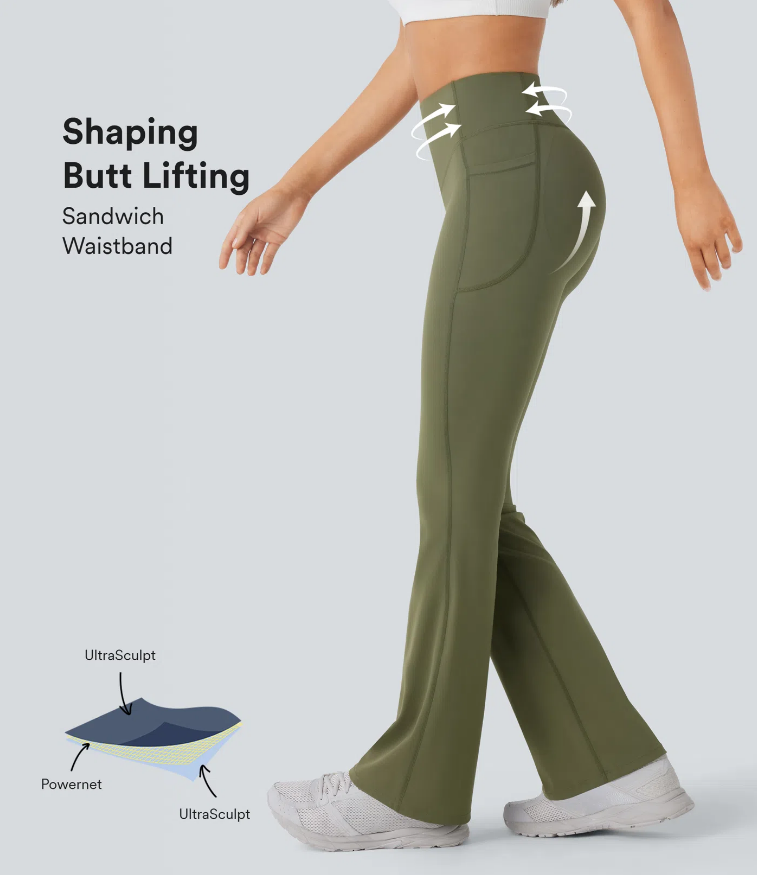 High Waisted Scrunch Butt Lifting Tummy Control Pocket Shaping Yoga Bootcut Leggings-H1