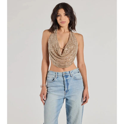 🏆Flash Sale⚡ Newly Upgraded! 🏆- Cropped Rhinestone Halter Top - YTY5