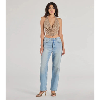 🏆Flash Sale⚡ Newly Upgraded! 🏆- Cropped Rhinestone Halter Top - YTY5