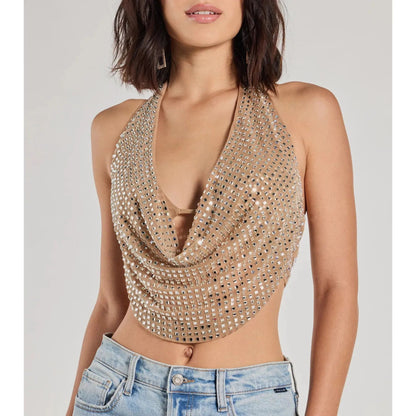 🏆Flash Sale⚡ Newly Upgraded! 🏆- Cropped Rhinestone Halter Top - YTY5