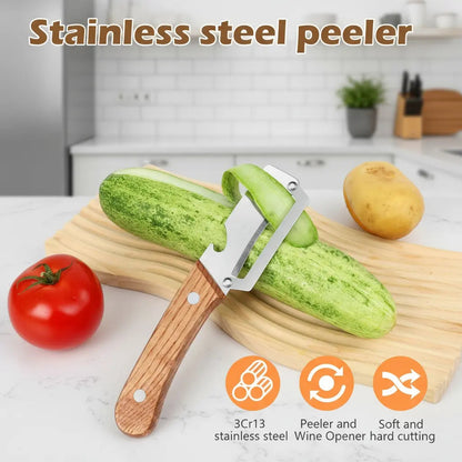 ⏰️Flash-Sale⚡Wooden-Handled Stainless Steel Sharp Peeler with Built-In Bottle Opener for Fruits & Vegetables⚡-YTY5