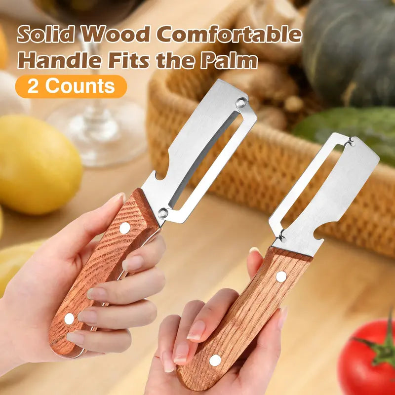 ⚡Flash-Sale⚡100k-sold⚡2PCS 2-in-1 Fruit & Veggie Peeler with Bottle   Opener Sharp Stainless Steel Wooden Handle   Ergonomic Non-slip Design for Comfortable Grip-A11