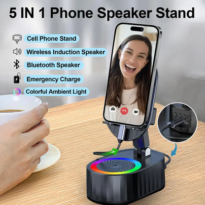 🏆Wireless Induction Audio Bluetooth Speaker 5in1 Cellphone Holder USB Emergency Rechargeable (5000mAh)  🏆-A11